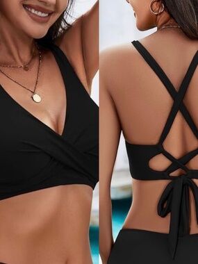 Zilcremo Black Wrap Bikini Swim Top NWT Size S Criss Cross Tie Back